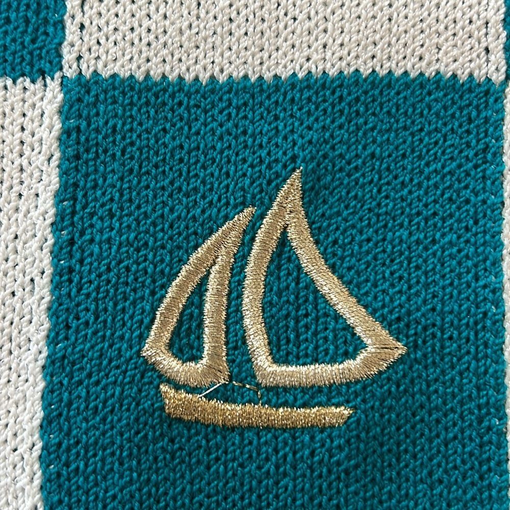 Vintage St John Nautical Sweater Gold Embroidered Anchor Checkered Knit USA L - Picture 11 of 14